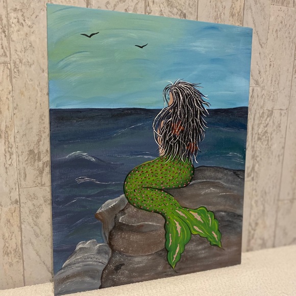 Hand crafted painted Mermaid Ocean Rock canvas wall Art 11X14” free handed - Picture 4 of 11